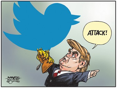 Donald Trump trains Twitter bird to attack opponents. (Cartoon by Malcolm Mayes)