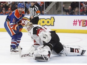 Arizona Coyotes goalie Mike Smith makes a save on Edmonton Oilers forward Jordan Eberle at Rogers Place on Monday, Jan. 16, 2017. (The Canadian Press)