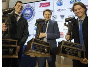 (Left to right) Dakota Heise, Nikolai Kruhlak and Brennan Kowalchuk are winners of the 2016-17 Wayne Gretzky Awards, announced during the kickoff for Quikcard Edmonton Minor Hockey Week at Rogers Place on Tuesday, Jan. 10, 2017. (David Bloom)
