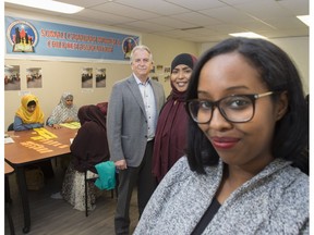 Somali Canadian Women and Children's Association board chairman Bob Walker, left, executive director Sahra Hashi and vice chair Saharla Aden at the new centre, which opens Thursday, on 134 Avenue and Fort Road on Jan. 23, 2017.