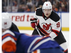 New Jersey Devils forward Taylor Hall (9) is seen during NHL action on Jan. 12, 2017, between the Devils and the host Edmonton Oilers.