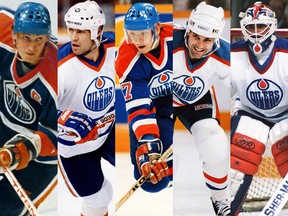 From left, Edmonton Oilers legends Wayne Gretzky, Mark Messier, Jari Kurri, Paul Coffey and Grant Fuhr