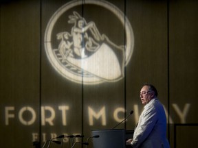 RCMP are warning that someone is impersonating Fort McKay Chief Jim Boucher in a telephone scam. An October 2016 file photo shows Boucher delivering a keynote speech during the Pipeline Gridlock Conference in Calgary.