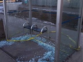 One of the damaged bus shelters