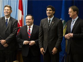 Progressive Conservative leadership candidates Richard Starke, Jason Kenney, Stephen Khan and Byron Nelson pose for a picture prior to the debate on Sunday January 15, 2017 in Edmonton.
