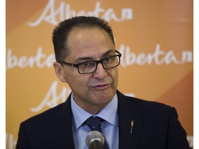 Finance Minister Joe Ceci speaks to reporters about the budget consultations on Monday, Jan. 9, 2017,  in Edmonton.