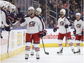Columbus Blue Jackets forward Sam Gagner celebrates a goal against his former Edmonton Oilers at Rogers Place on Dec. 13, 2016. (The Canadian Press)