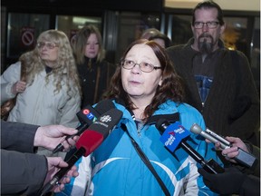 Shannon Collins' mother Maureen Collins talks to the media after the guilty verdict was announced on Wednesday January 13, 2017 in Edmonton.