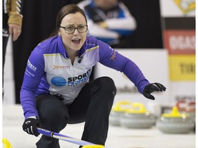 Skip Kelsey Rocque of Edmonton. Grand Slam of Curling's Champions Cup women's quarterfinals at the Sherwood Park Arena in Sherwood Park.