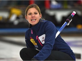 Skip Holly Scott reacts after throwing her rock playing against Team Ramsay during day three at the Alberta Scotties Tournament of Hearts provincial championship at the St. Albert Curling Club, Friday, January 27, 2017.