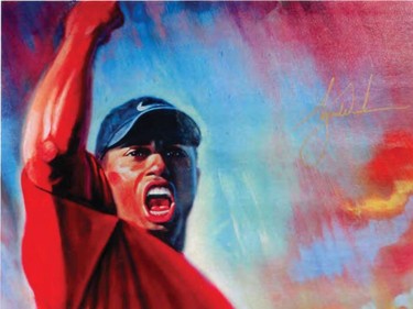 RCMP are investigating after more than 70 pieces of art, including this one, were stolen in northern Alberta while being transported to an auction house. This piece is of celebrity golfer Tiger Woods.