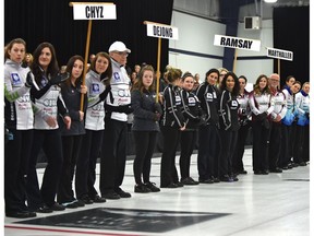 Teams lineup during the ceremony at the Alberta Scotties Tournament of Hearts provincial championship at the St. Albert Curling Club, Wednesday, January 25, 2017.