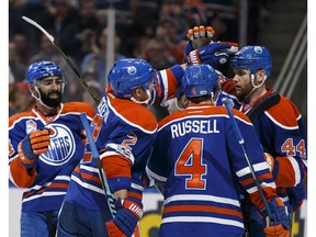 The Edmonton Oilers celebrate a second-period goal against the Arizona Coyotes at Rogers Place on Jan. 16, 2017.