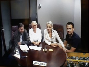 The McCann family, appearing on closed circuit television in an Edmonton courtroom from Melbourne, Australia on Jan. 25, 2017, where convicted killer Travis Vader was sentenced by Court of Queen's Bench Justice Denny Thomas to life in prison. Bret McCann is continuing to lobby for changes to the Criminal Code to remove sections that have been found to be unconstitutional.