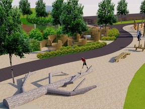A bolted-down fallen tree imagined at the Dermott District Park, a natural-themed playground coming to Idylwylde.