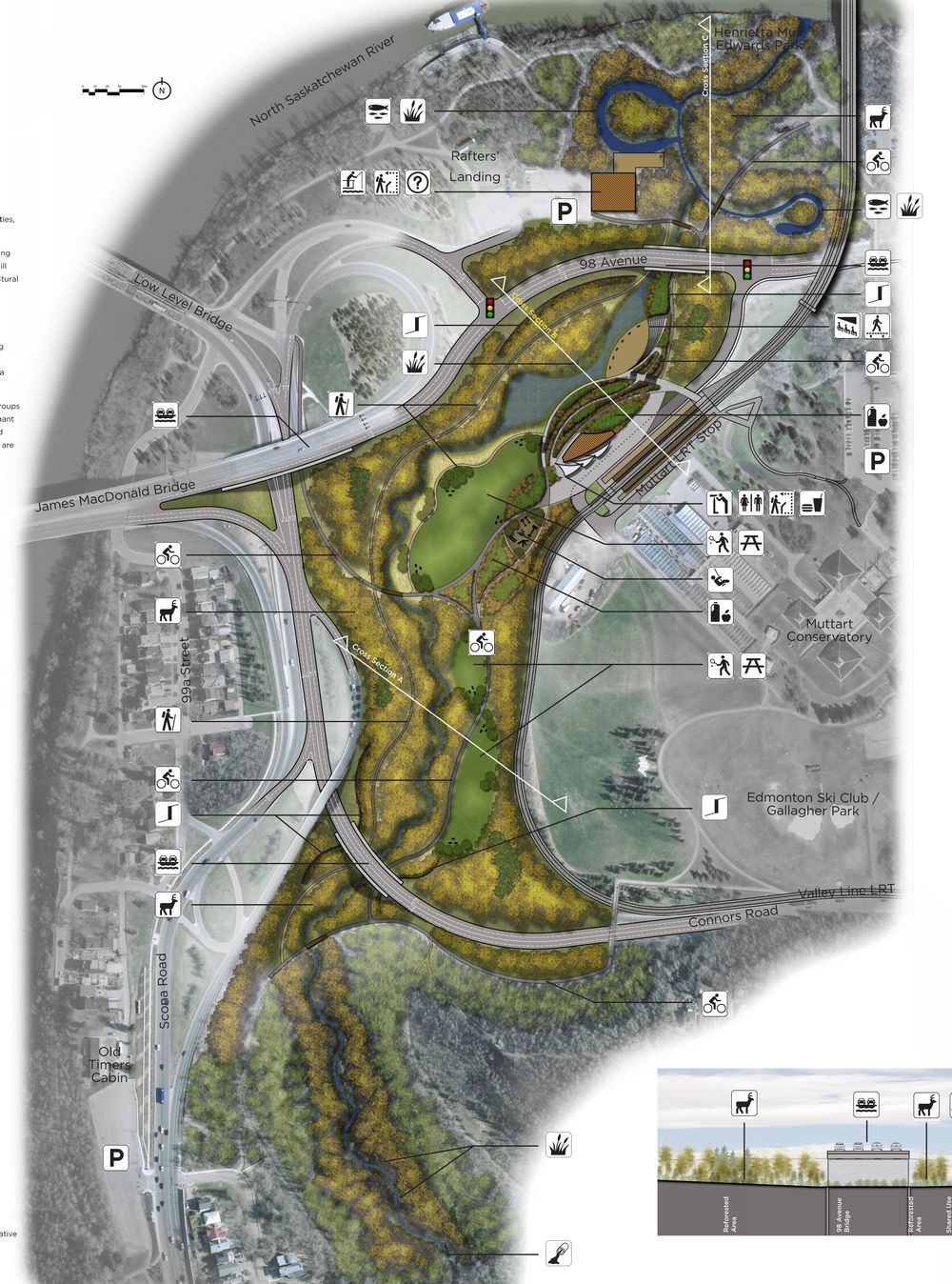 Three concept designs are now posted at edmonton.ca/millcreekstudy. This one would treat the upper reach of the project area as a district park with a cafe, playground, canoeing pond and picnic area near the future LRT stop. The lower reach is natural wetland.
