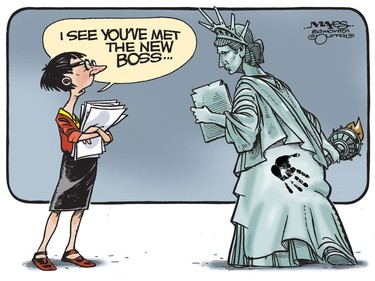 America meets its new boss. (Cartoon by Malcolm Mayes)