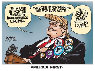 Insecure Donald Trump puts America First. (Cartoon by Malcolm Mayes)