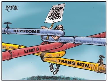 Tarsands protester is overwhelmed by recent pipeline approvals. (Cartoon by Malcolm Mayes)