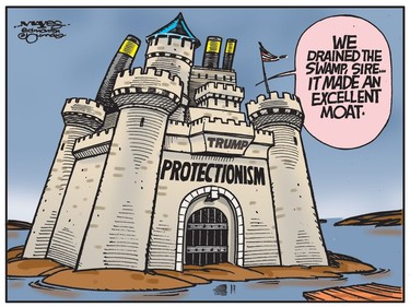Donald Trump drains the swamp and uses water for protectionist moat. (Cartoon by Malcolm Mayes)