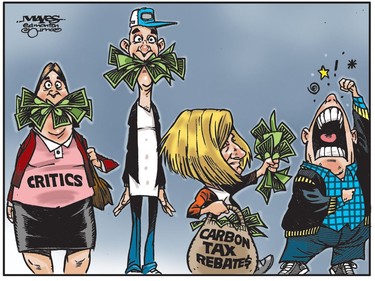 Rachel Notley silences vocal critics with Carbon Tax Rebates. (Cartoon by Malcolm Mayes)