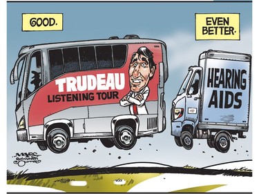 Justin Trudeau's Listening Tour would benefit from hearing aids. (Cartoon by Malcolm Mayes)