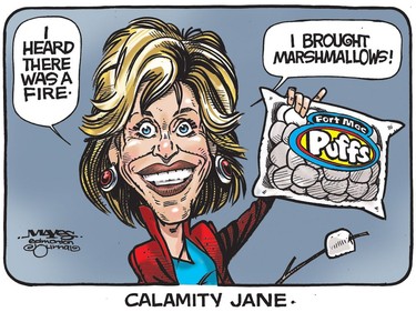 Calamity Jane Fonda hears of fire, brings marshmallows to Fort McMurray. (Cartoon by Malcolm Mayes)