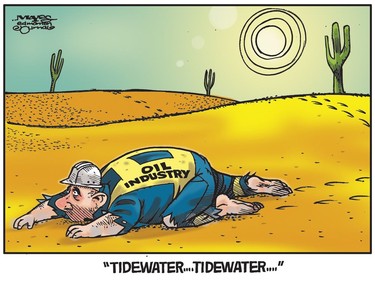 Oil Industry crosses desert in search of Tidewater. (Cartoon by Malcolm Mayes)