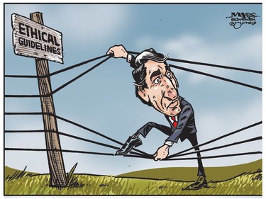 Justin Trudeau bends ethical guidelines. (Cartoon by Malcolm Mayes)