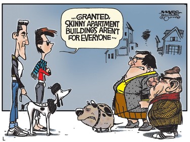 Dwellers of Skinny Apartment Buildings meet their traditional neighbours. (Cartoon by Malcolm Mayes)