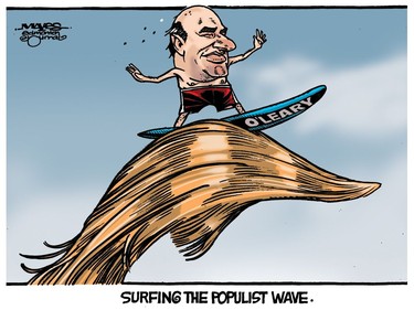 Kevin O'Leary attempts to surf Donald Trump's populist wave. (Cartoon by Malcolm Mayes)