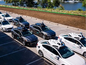 Pilot models of the Uber self-driving car  displayed in September at Pittsburgh's Uber Advanced Technologies Center.