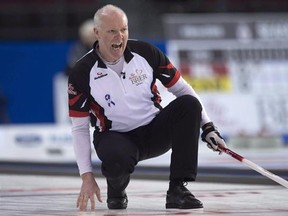 Team Ontario skip Glenn Howard reacts to his shot entering the house during round robin competition against Team PEI at the Brier curling championship, Wednesday, March 9, 2016 in Ottawa. Howard said he has much desire to win the Ontario Tankard now as he did when he was a 19-year-old back in 1983. THE CANADIAN PRESS/Adrian Wyld