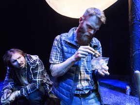 Brandon Coffey (r) and Christopher Schulz in the World Premiere of Bust by Matthew MacKenzie, playing at The Roxy on Gateway from February 7 to 26, 2017.