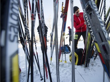 Pierre Lamoureux waxes his skies prior to the start of the Canadian Birkebeiner at the Ukrainian Cultural Heritage Village on Saturday, Feb. 11, 2017.