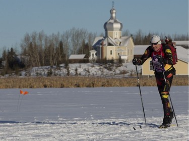 A cross-country skier makes their way across Goose Lake near the Ukrainian Cultural Heritage Village, during the Canadian Birkebeiner on Saturday, Feb. 11, 2017.