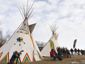 Speeches are made at Elk Island National Park on Sunday, Jan. 29, 2017 before Treaty 6 and Treaty 7 First Nations held ceremonies for 16 bison being shipped from Elk Island National Park to start a new herd in Banff National Park.