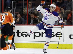 Edmonton Oilers' Connor McDavid (97) reacts after scoring a goal during the second period of an NHL hockey game against the Philadelphia Flyers, Thursday, Dec. 8, 2016, in Philadelphia.