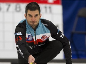 Craig Savill throws a rock at the 2017 Alberta Boston Pizza Cup men's curling championship in Westlock,on Wednesday February 8, 2017.