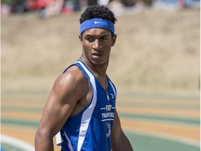 Chuba Hubbard of Bev Facey High School breezes across the line in the 100m heats at the Edmonton zone high school track and field finals at Foote Field on May 17, 2016.