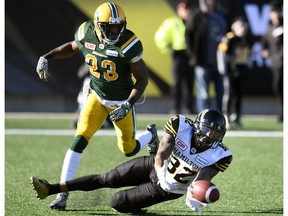 Edmonton Eskimos' Marcell Young (23) looks on as Hamilton Tiger Cats' Brian Tyms (82) misses a touchdown catch during first half CFL playoff action, in Hamilton, Ont., on Sunday, November 13, 2016.