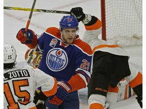 Edmonton Oilers forward Leon Draisaitl skates past the Philadelphia Flyers net after scoring in Edmonton on Thursday, Feb. 16, 2017. (Larry Wong)