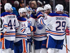 The Edmonton Oilers celebrate their victory over the Montreal Canadiens during the NHL game at the Bell Centre on February 5, 2017 in Montreal. The Oilers returned to practice Friday after a five-day break.