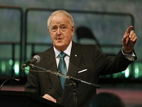 Former prime minister Brian Mulroney delivers a speech at the FarmTech 2017 conference in Edmonton on February 2, 2017.