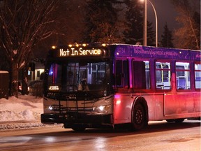 An Edmonton Transit bus is marked out of service as slippery roads caused the transit authority to suspend service. Edmonton's transit advisory board wants more accountability and transparency on late or unreliable buses.