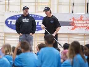 Garth Brooks and former Edmonton Oiler Ryan Smyth, joined and 60 boys and girls ages 9-13 from the Boys & Girls Clubs of Edmonton & Big Brothers Big Sisters of Edmonton on  Feb. 18, 2017, at a West Edmonton School. The famous duo captained relay race teams with the kids.