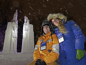 In celebration of the 100th Anniversary of Vimy Ridge, the Silver Skate Festival, in partnership with the Veterans Affairs office, unveiled a commemorative snow sculpture of Vimy Ridge in Edmonton on February 9, 2017, created by artists Brian McArthur (left) and Dawn Detarando (right).