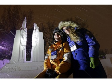 In celebration of the 100th Anniversary of Vimy Ridge, the Silver Skate Festival, in partnership with the Veterans Affairs office, unveiled a commemorative snow sculpture of Vimy Ridge in Edmonton on February 9, 2017, created by artists Brian McArthur (left) and Dawn Detarando (right).