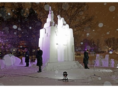 In celebration of the 100th Anniversary of Vimy Ridge, the Silver Skate Festival, in partnership with the Veterans Affairs office, unveiled a commemorative snow sculpture of Vimy Ridge in Edmonton on February 9, 2017, created by artists Brian McArthur (left) and Dawn Detarando (right).