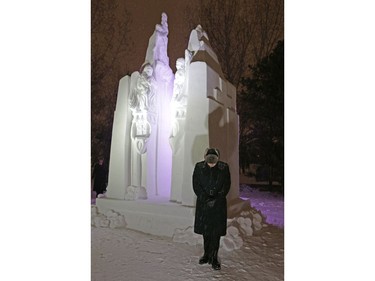 In celebration of the 100th Anniversary of Vimy Ridge, the Silver Skate Festival, in partnership with the Veterans Affairs office, unveiled a commemorative snow sculpture of Vimy Ridge in Edmonton on February 9, 2017, created by artists Brian McArthur (left) and Dawn Detarando (right).